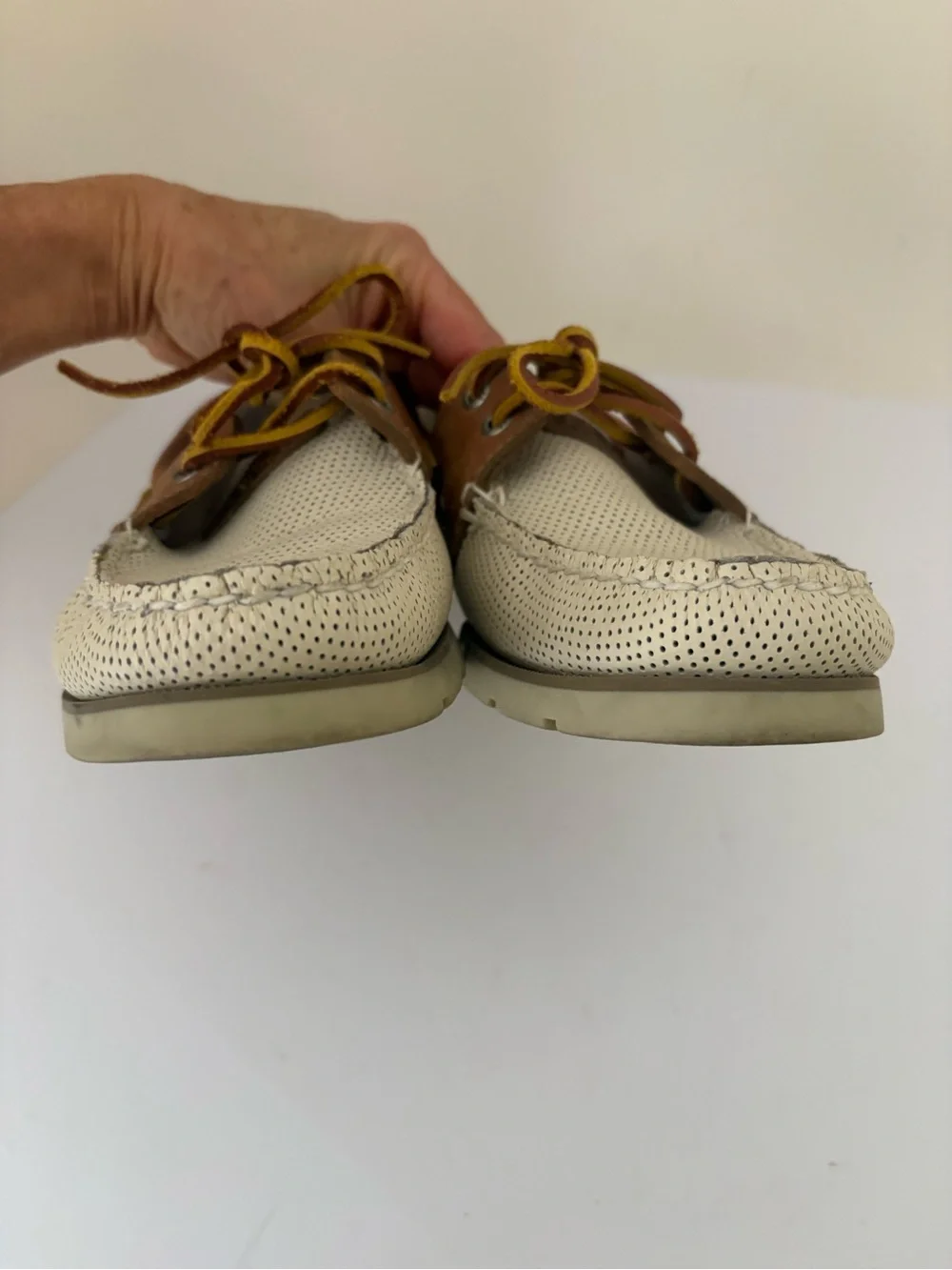 Sperry Two-Tone Boat shoes. Perforated cream and tan leather. 2 Eye. Size 8.5M